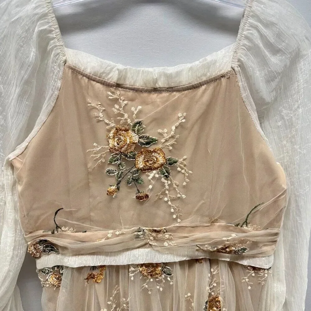 Maizishule Beige Floral Embroidered Midi Dress | Boho Sheer Long Sleeve Size L - Picture 13 of 16
